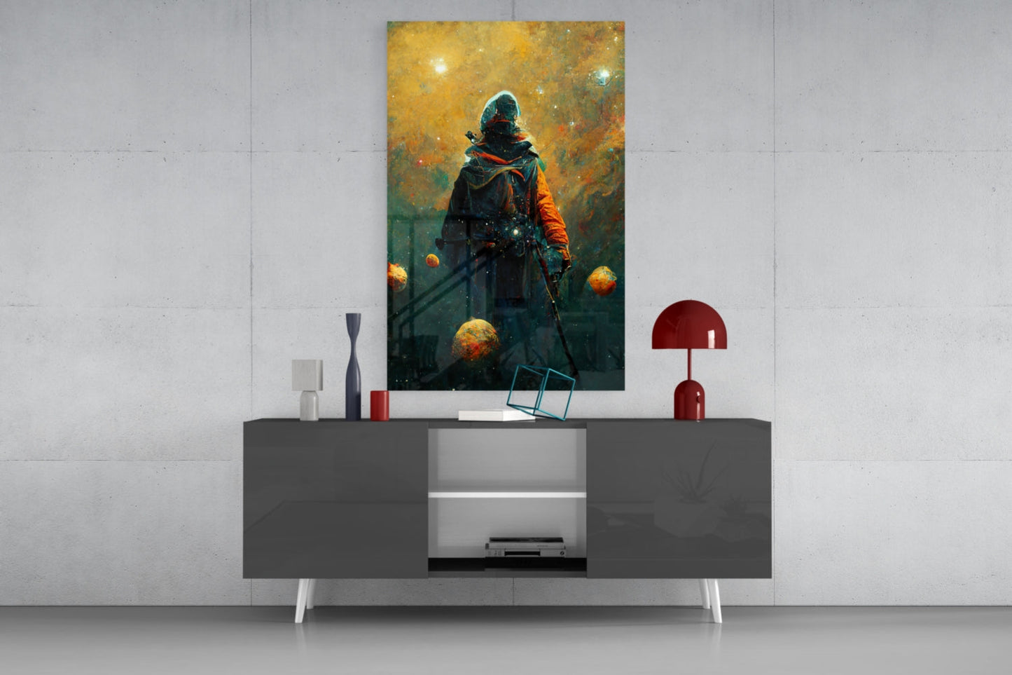 Fantasy warrior glass wall art displayed above gray media console with red lamp and decorative accessories in modern interior setting.