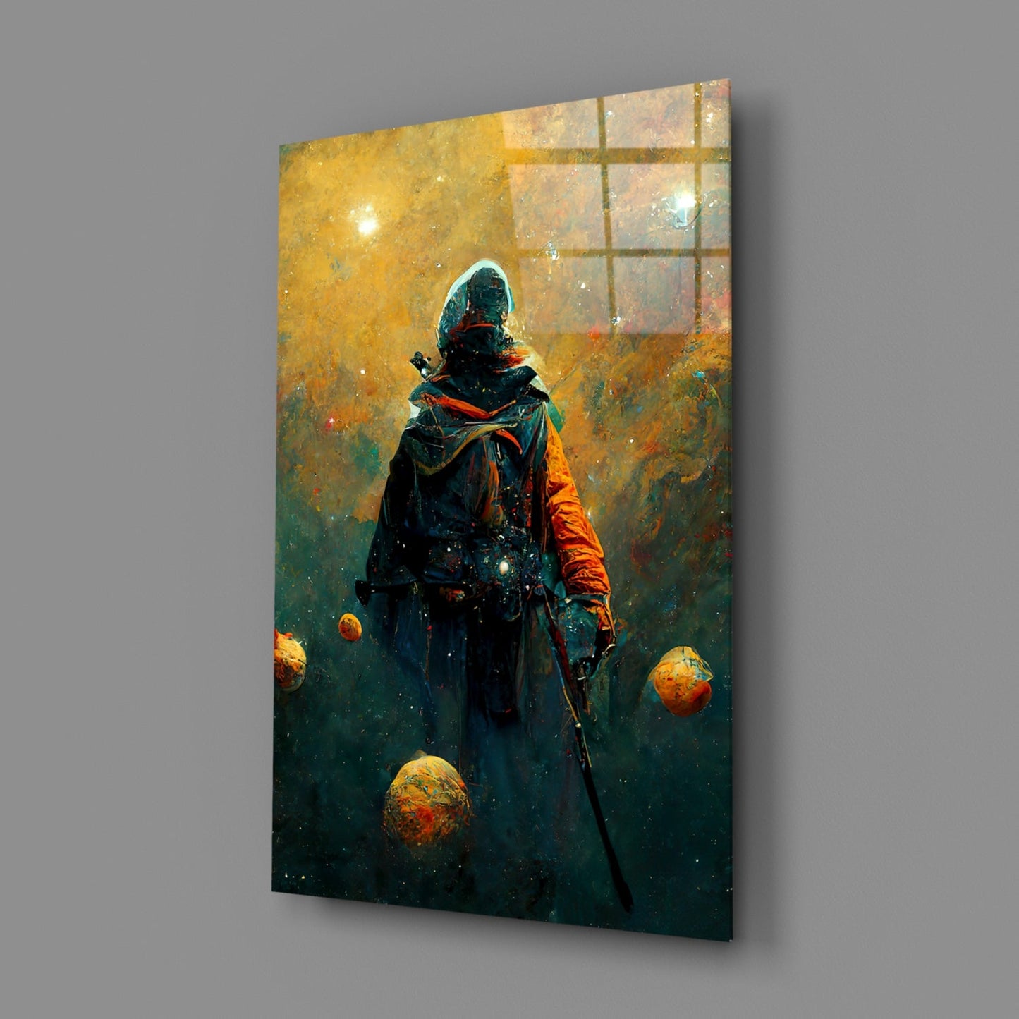 Glass wall art displaying a hooded figure with sword amid floating golden spheres against yellow and teal gradient background.