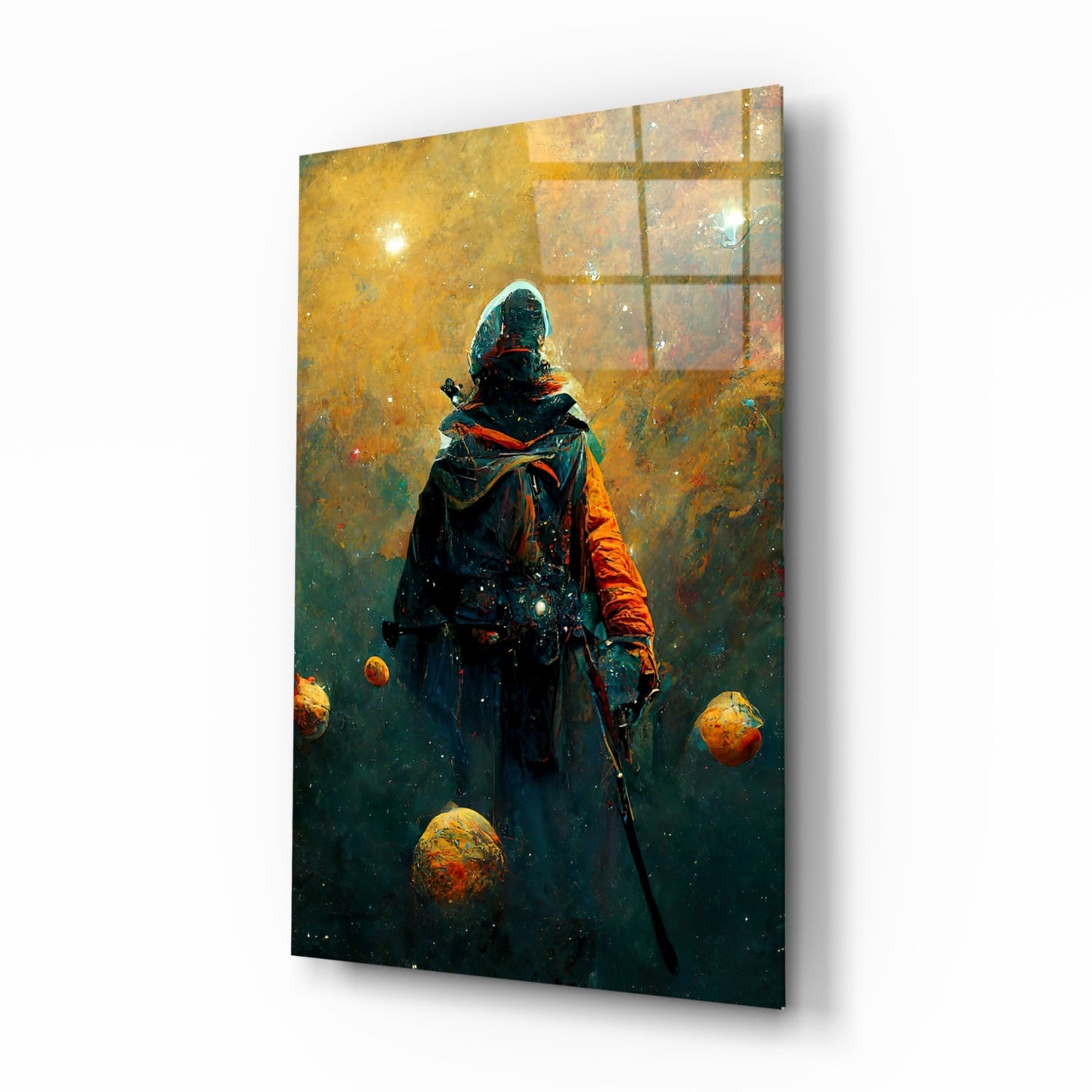 A figure in dark clothing with an orange sleeve stands facing a glowing window, surrounded by floating golden spheres against a teal and gold atmospheric background on glass wall art.
