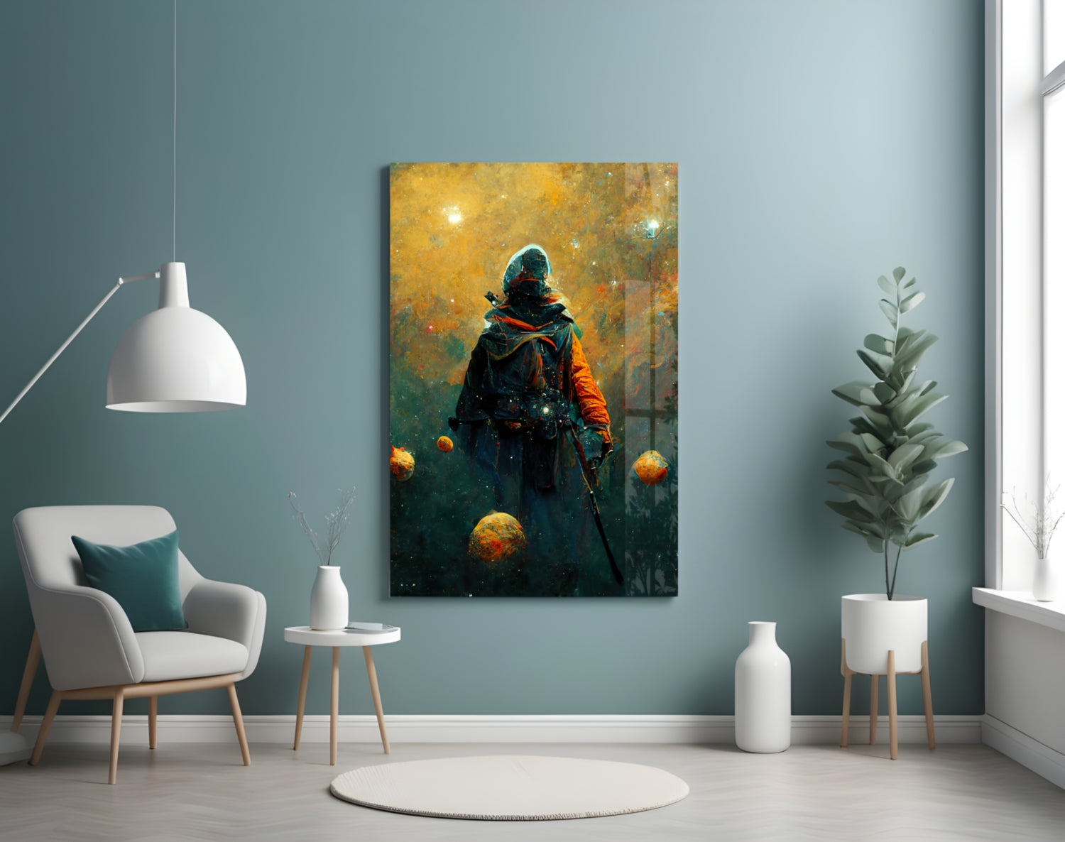 Glass wall art depicting a figure in winter clothing standing among golden spheres against an amber and teal background, displayed in a modern room setting.