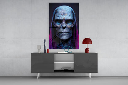 Blue Skull Elder In Magenta Veil Glass Wall Art