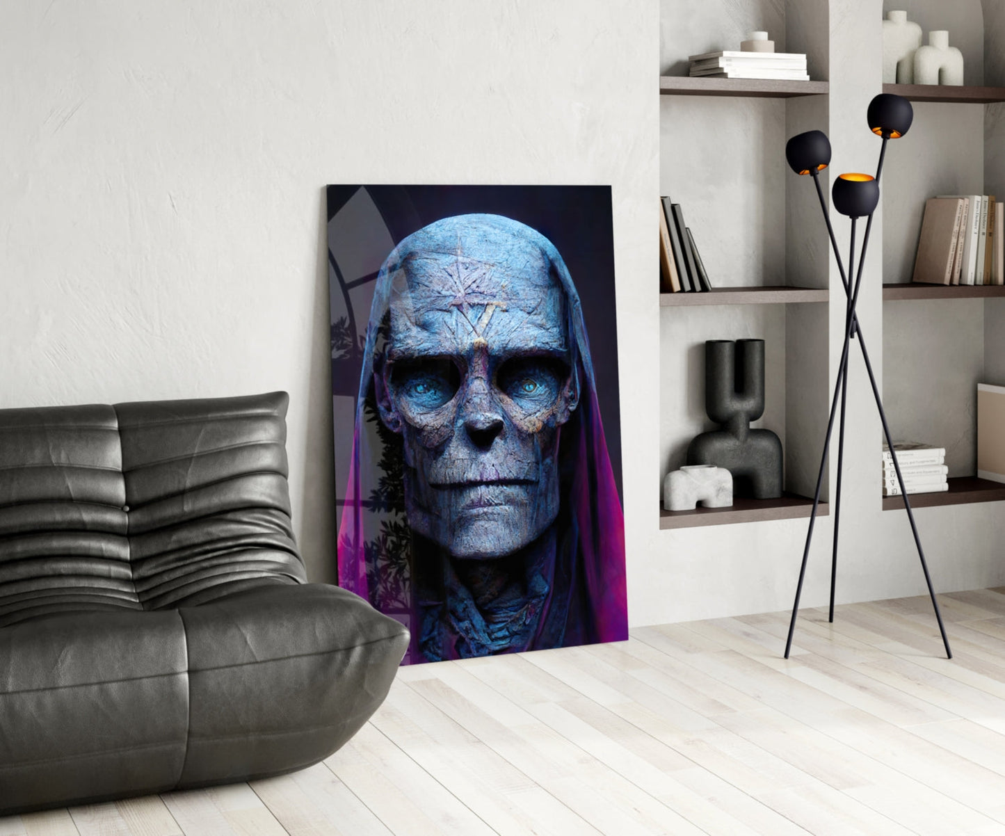 Blue Skull Elder In Magenta Veil Glass Wall Art
