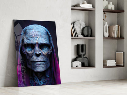 Blue Skull Elder In Magenta Veil Glass Wall Art