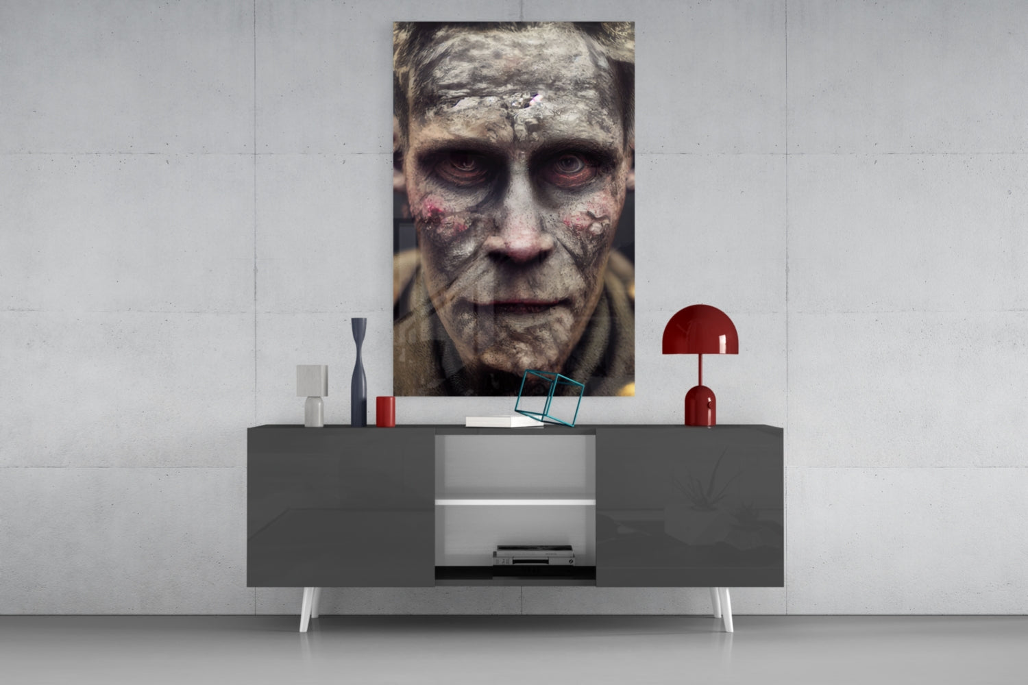 Decayed glass art piece displayed on gray media console in modern interior setting with red lamp and decorative objects.