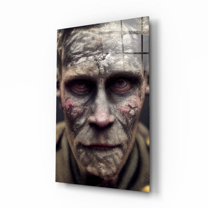 Close-up frontal view of a decayed zombie face with gray weathered skin and pink wounds on glass panel with black crosshairs overlay.