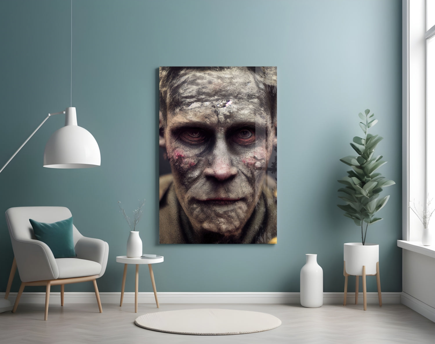 Decayed Glass Art canvas hanging on teal wall above white chair, depicting weathered male face with dark hollowed eyes and deteriorated skin texture.