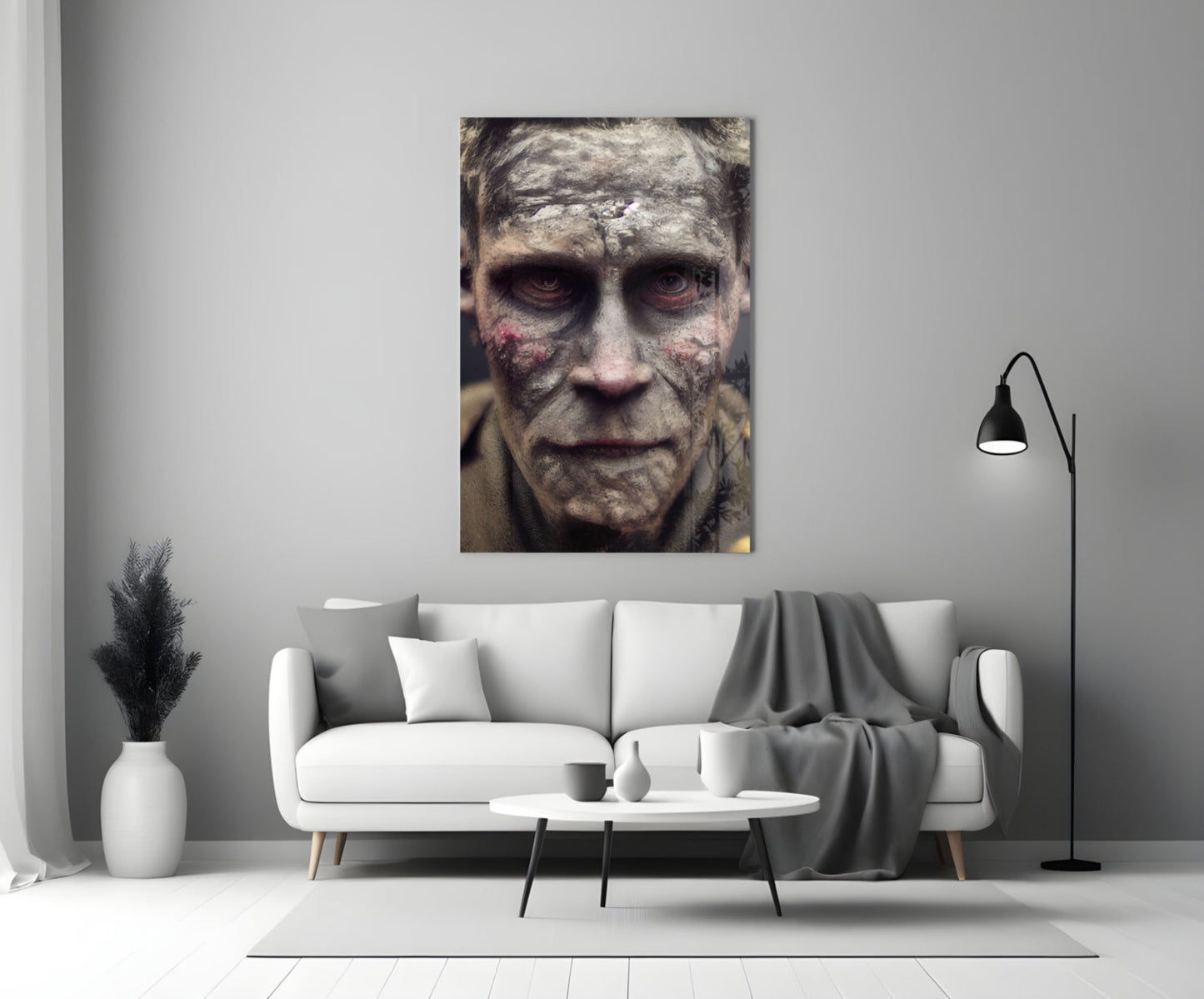 Decayed Glass Art portrait depicting a weathered male face with gray stone-like texture and deep-set red eyes, hung above a white sofa in a modern living room.