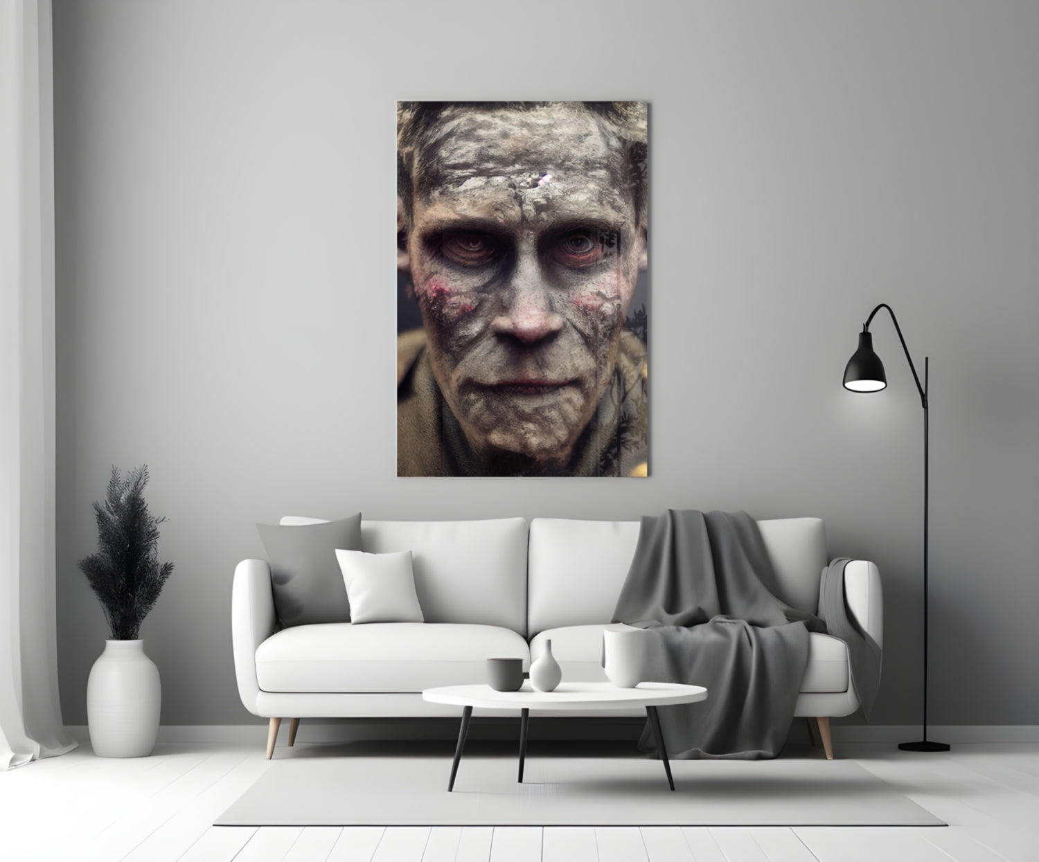 Decayed Glass Art portrait depicting a weathered male face with gray stone-like texture and deep-set red eyes, hung above a white sofa in a modern living room.