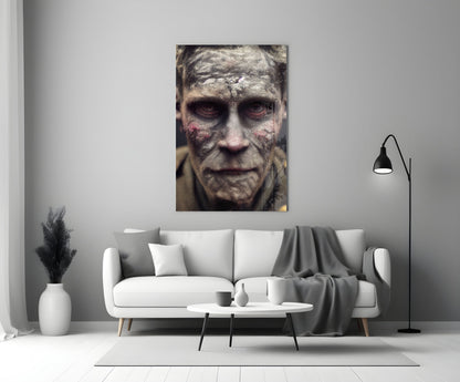 Decayed Glass Art portrait depicting a weathered male face with gray stone-like texture and deep-set red eyes, hung above a white sofa in a modern living room.