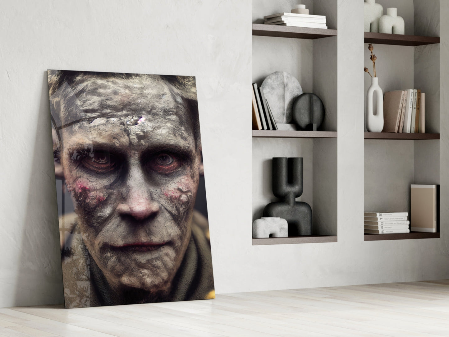 Leaning glass art print of a decayed face with gray skin and red eyes against white wall with wooden shelving unit.