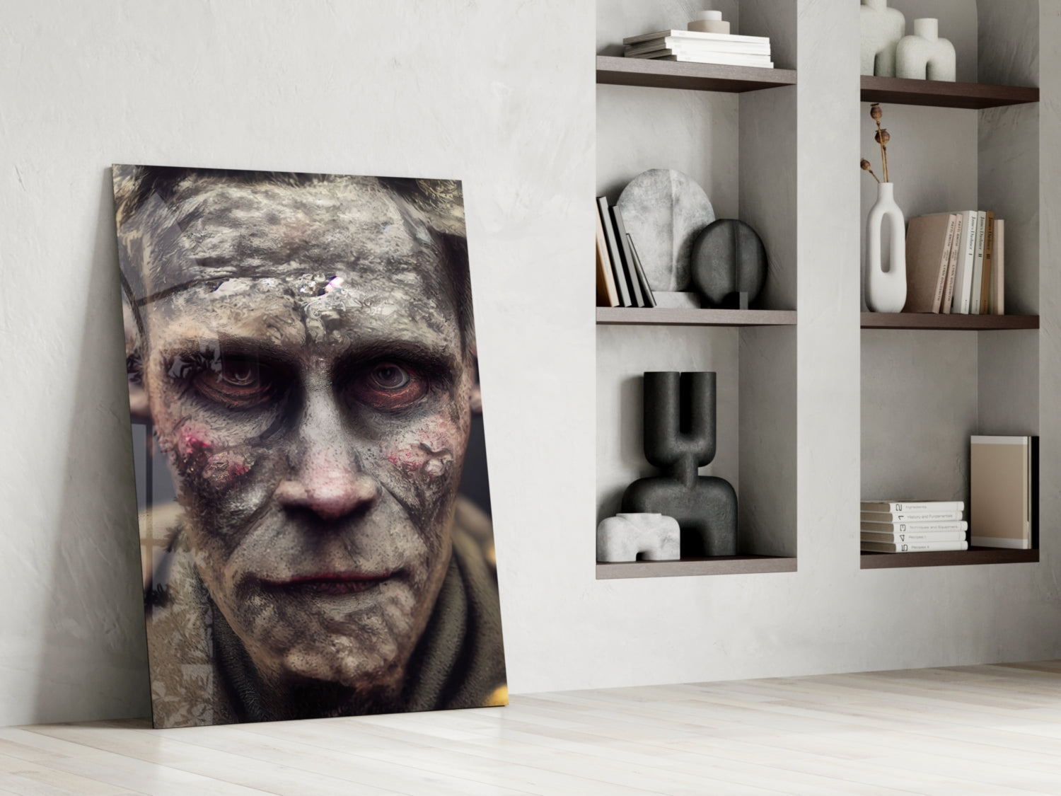 Leaning glass art print of a decayed face with gray skin and red eyes against white wall with wooden shelving unit.