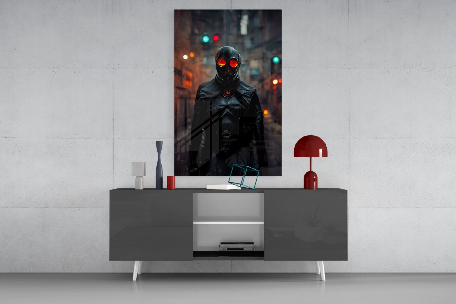 Black Rage Glass Art mounted on white wall above gray console table with red lamp and decorative objects.