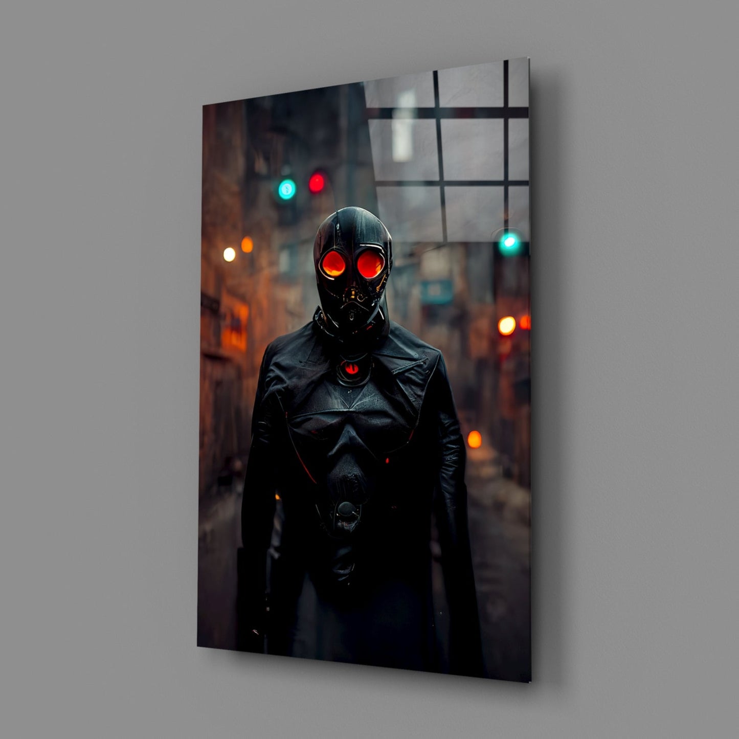 Angled view of Black Rage Glass Art showing figure with glowing red eyes against urban backdrop, mounted on gray wall.
