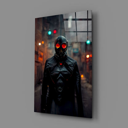 Angled view of Black Rage Glass Art showing figure with glowing red eyes against urban backdrop, mounted on gray wall.