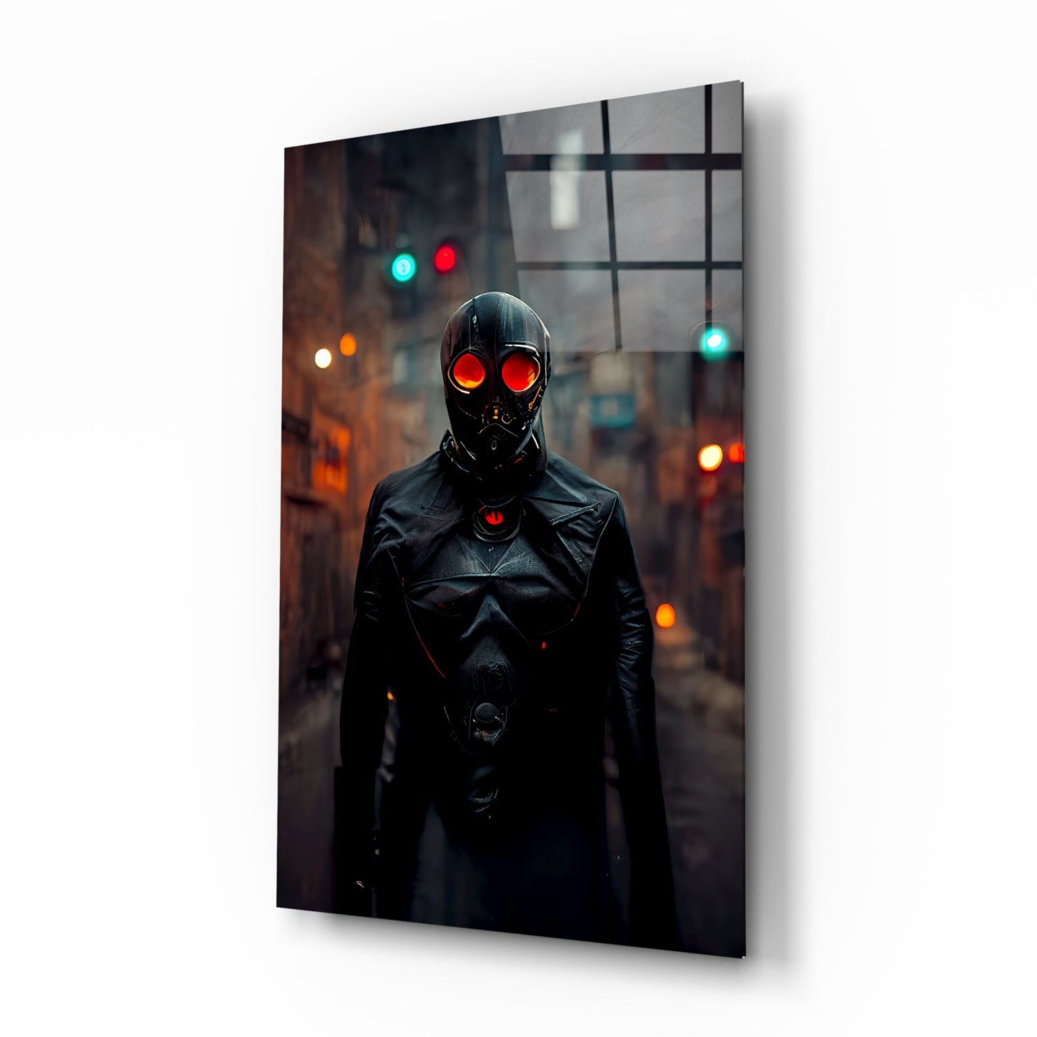 Angled view of glass art panel displaying figure in black leather jacket with glowing red eyes against urban street backdrop with traffic lights.