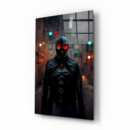 Angled view of glass art panel displaying figure in black leather jacket with glowing red eyes against urban street backdrop with traffic lights.