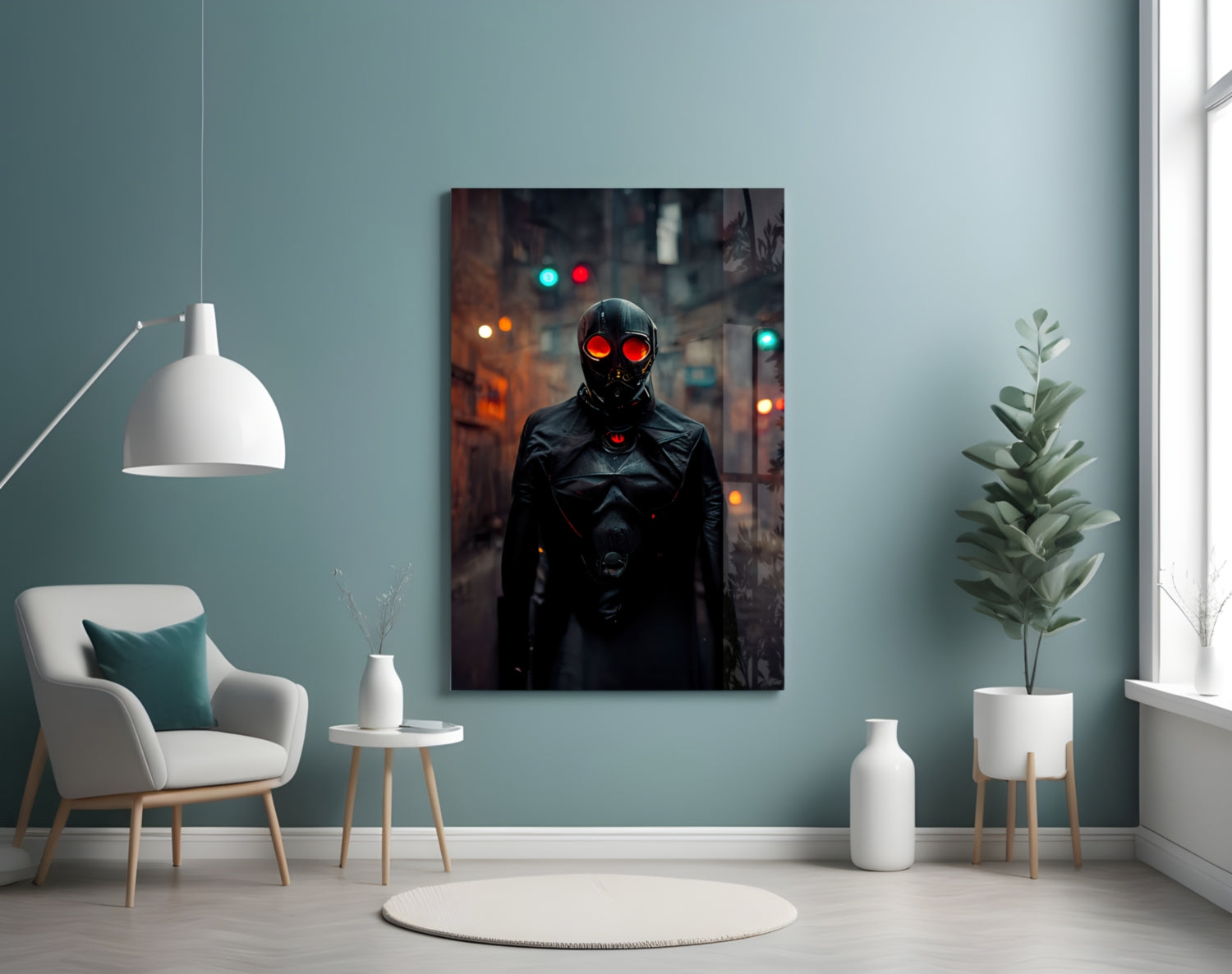 Black Rage Glass Art canvas displayed on pale blue wall above white chair in modern living room setting.