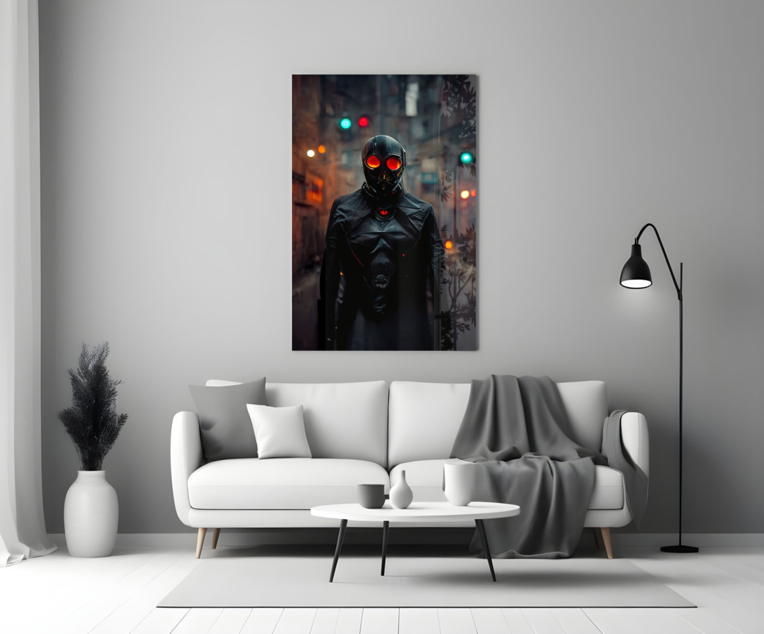 Black Rage Glass Art canvas hung above white sofa in minimalist living room interior with grey throw blanket and black floor lamp.