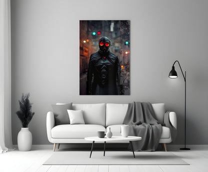 Black Rage Glass Art canvas hung above white sofa in minimalist living room interior with grey throw blanket and black floor lamp.