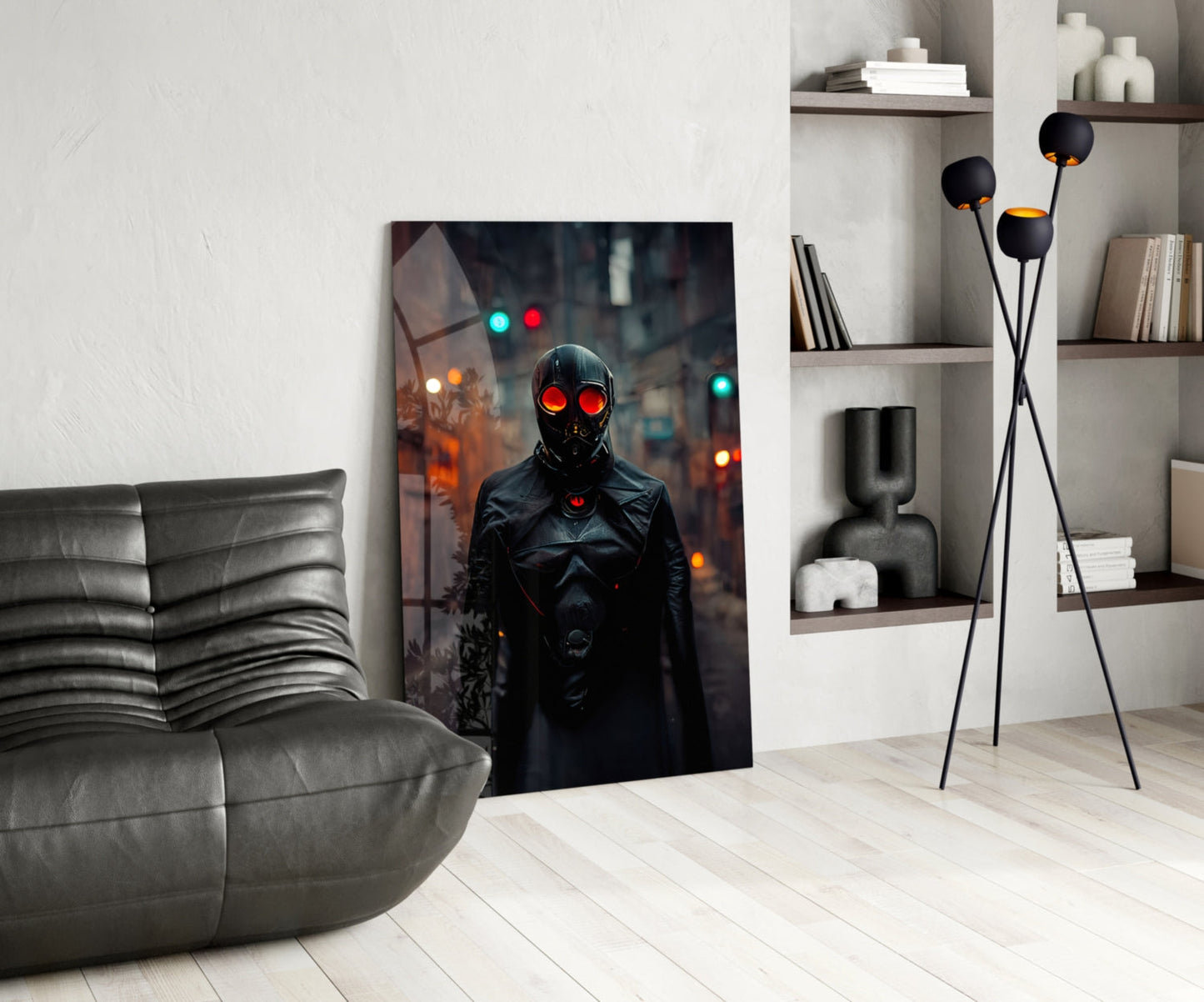 Black Rage glass art depicting a figure with glowing red eyes in a dark urban setting, displayed leaning against a wall in a modern living room.