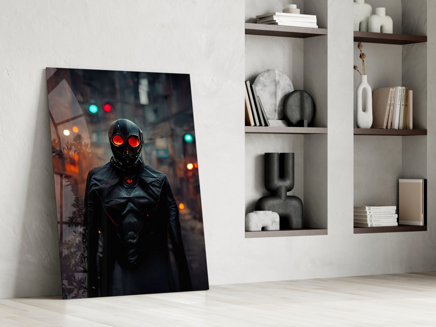Black Rage glass art leaning against white wall beside shelving unit, featuring figure with glowing red eyes in urban nighttime setting.