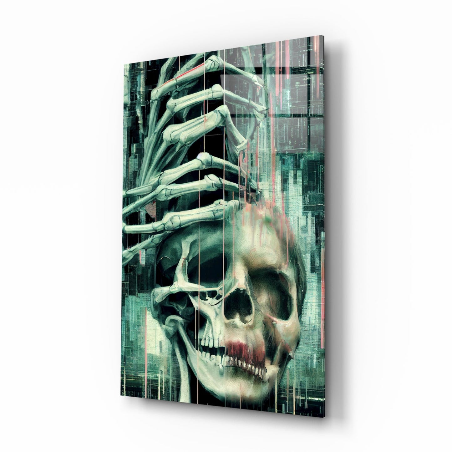 Angled view of glass art panel displaying skeletal hand emerging from skull against layered digital cityscape background in teal and grey tones.