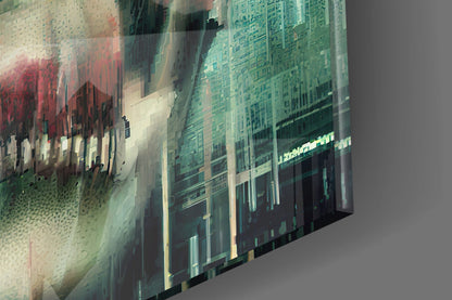 Glass art panel displayed at an angle showing red and green cityscape layers with architectural details and translucent overlay effect.