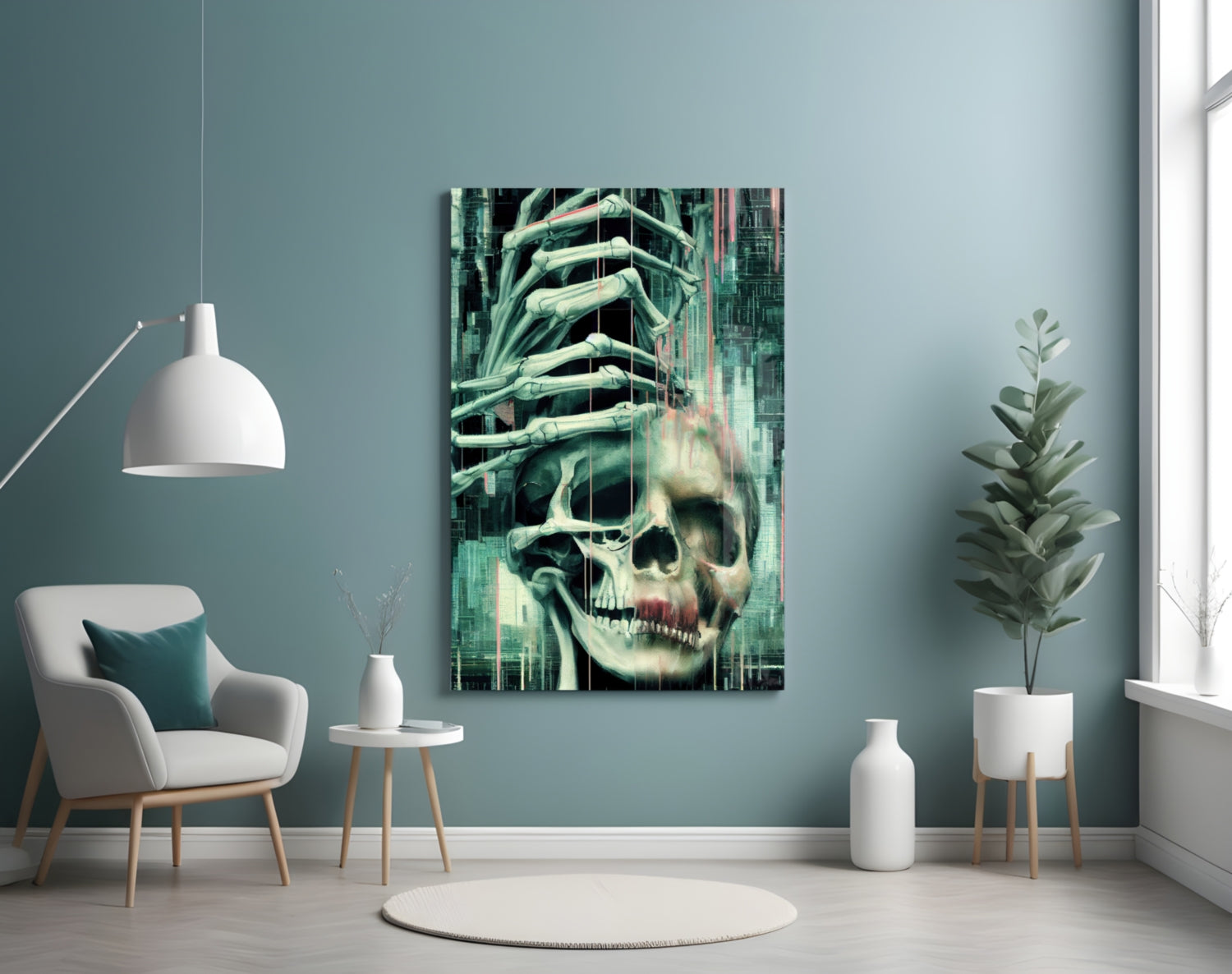 Glass art panel mounted on teal wall above chair, displaying skull with skeletal hands in green and cream tones with digital distortion effect.