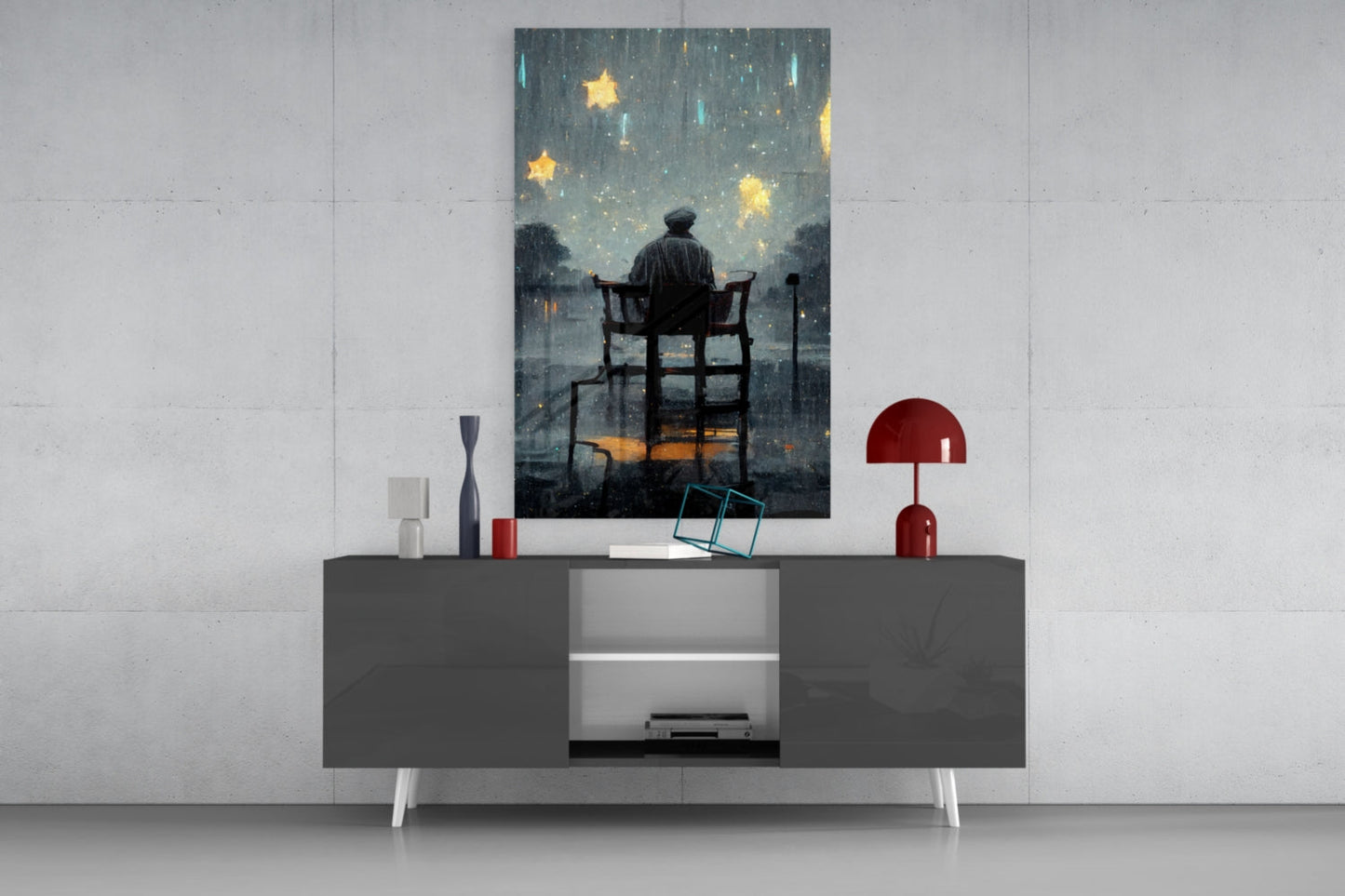 Stormy Sky Golden Stars Lone Chair Glass Wall Art