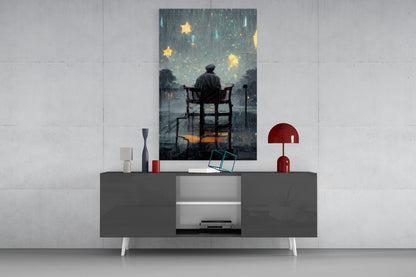 Stormy Sky Golden Stars Lone Chair Glass Wall Art
