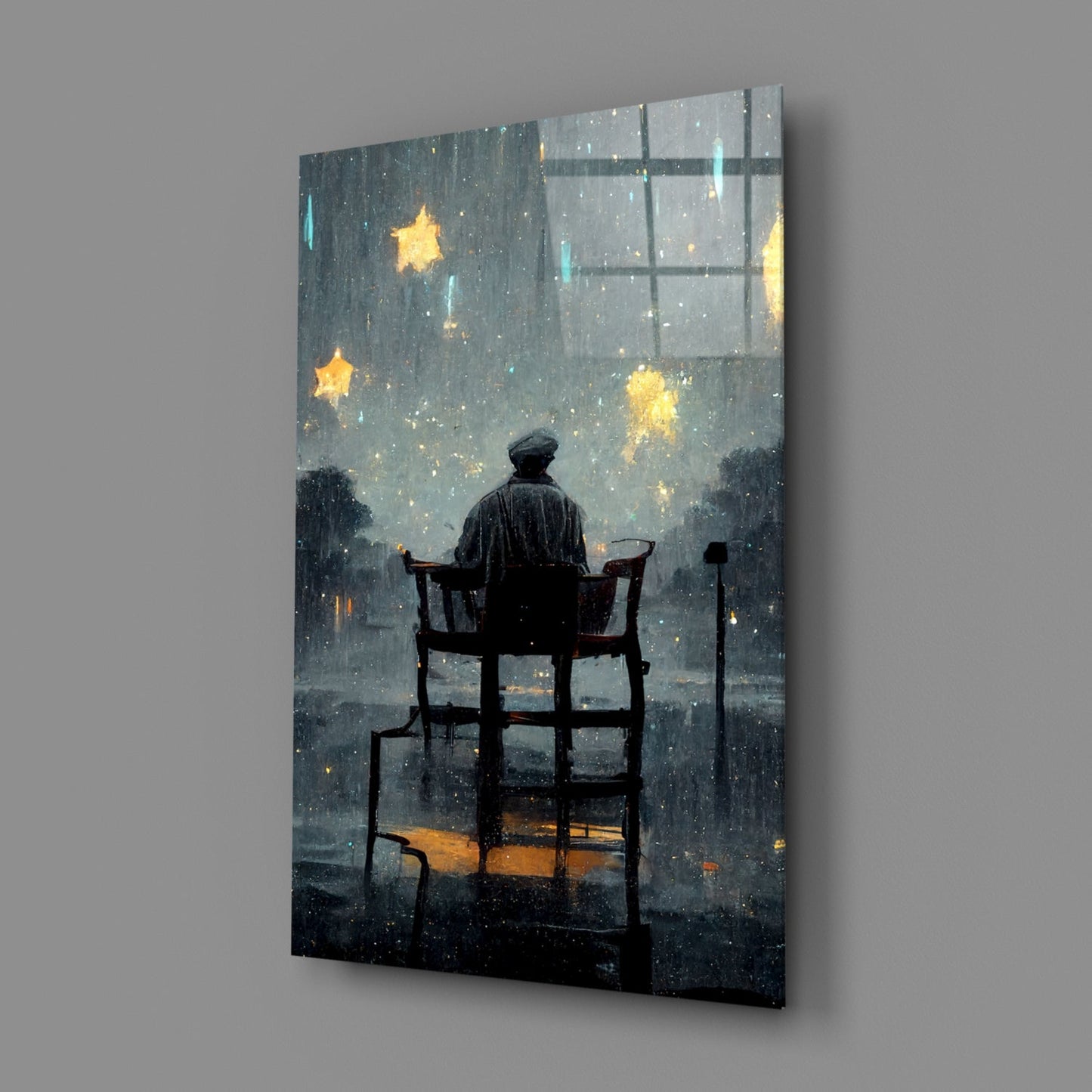 Stormy Sky Golden Stars Lone Chair Glass Wall Art