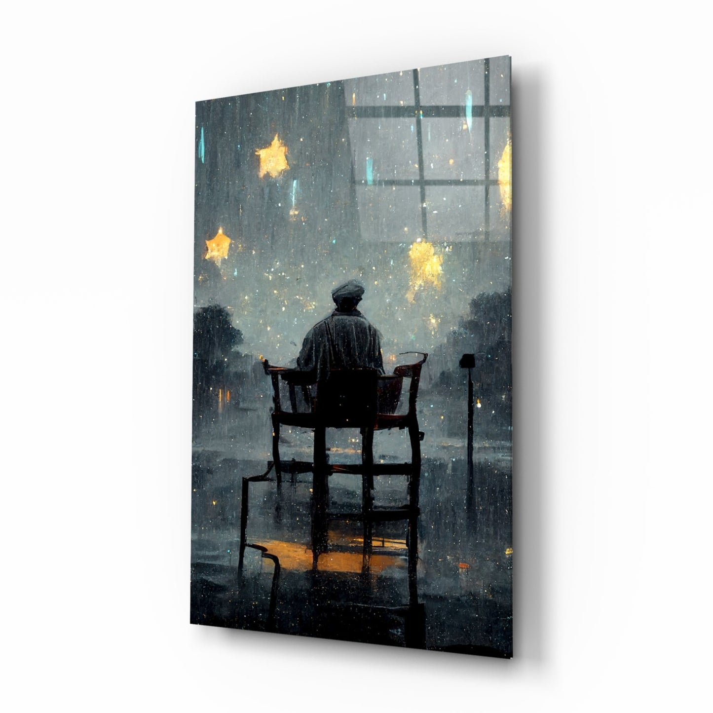 Stormy Sky Golden Stars Lone Chair Glass Wall Art