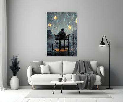 Stormy Sky Golden Stars Lone Chair Glass Wall Art