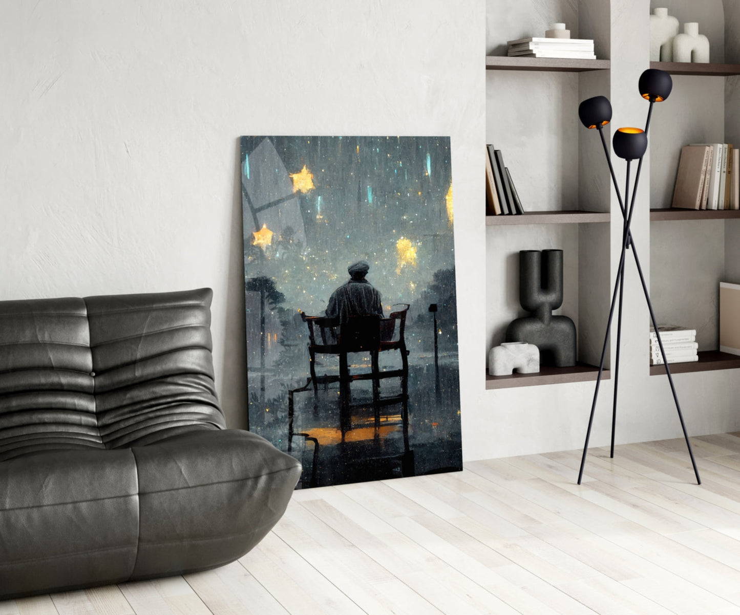 Stormy Sky Golden Stars Lone Chair Glass Wall Art