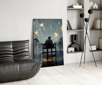 Stormy Sky Golden Stars Lone Chair Glass Wall Art