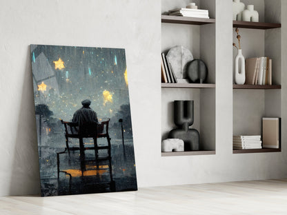 Stormy Sky Golden Stars Lone Chair Glass Wall Art