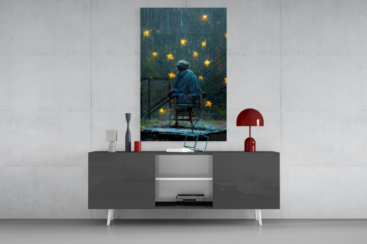 Rainy Night Glowing Stars Seated Man Glass Wall Art
