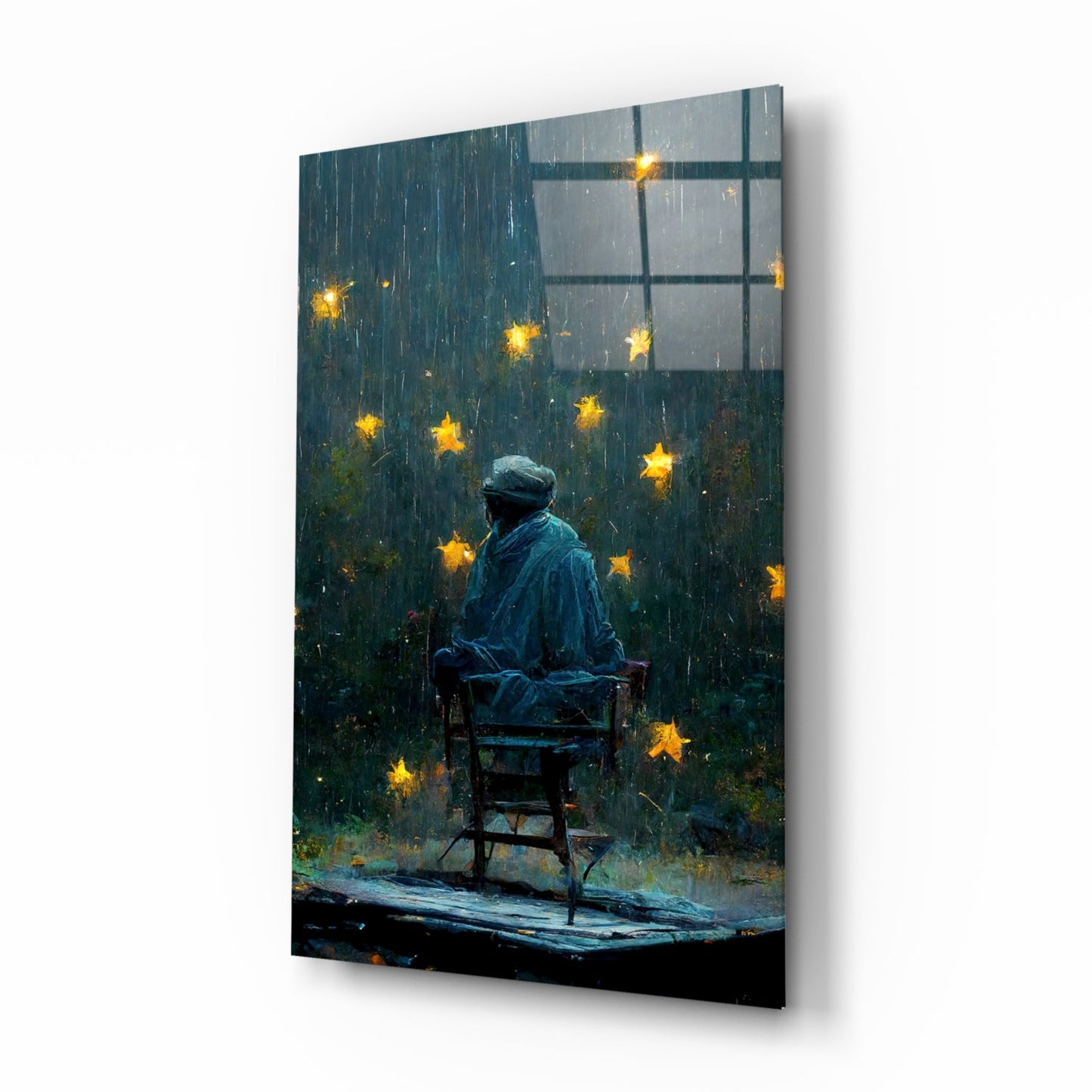 Rainy Night Glowing Stars Seated Man Glass Wall Art