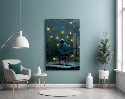 Rainy Night Glowing Stars Seated Man Glass Wall Art