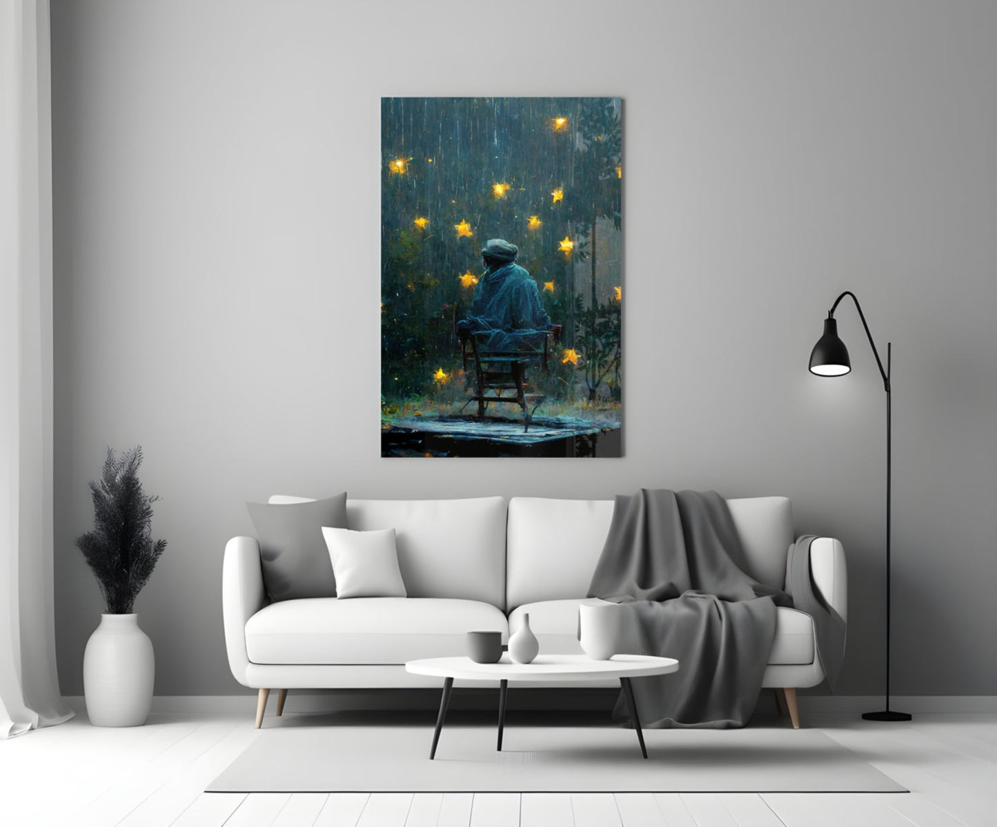 Rainy Night Glowing Stars Seated Man Glass Wall Art