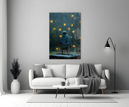 Rainy Night Glowing Stars Seated Man Glass Wall Art