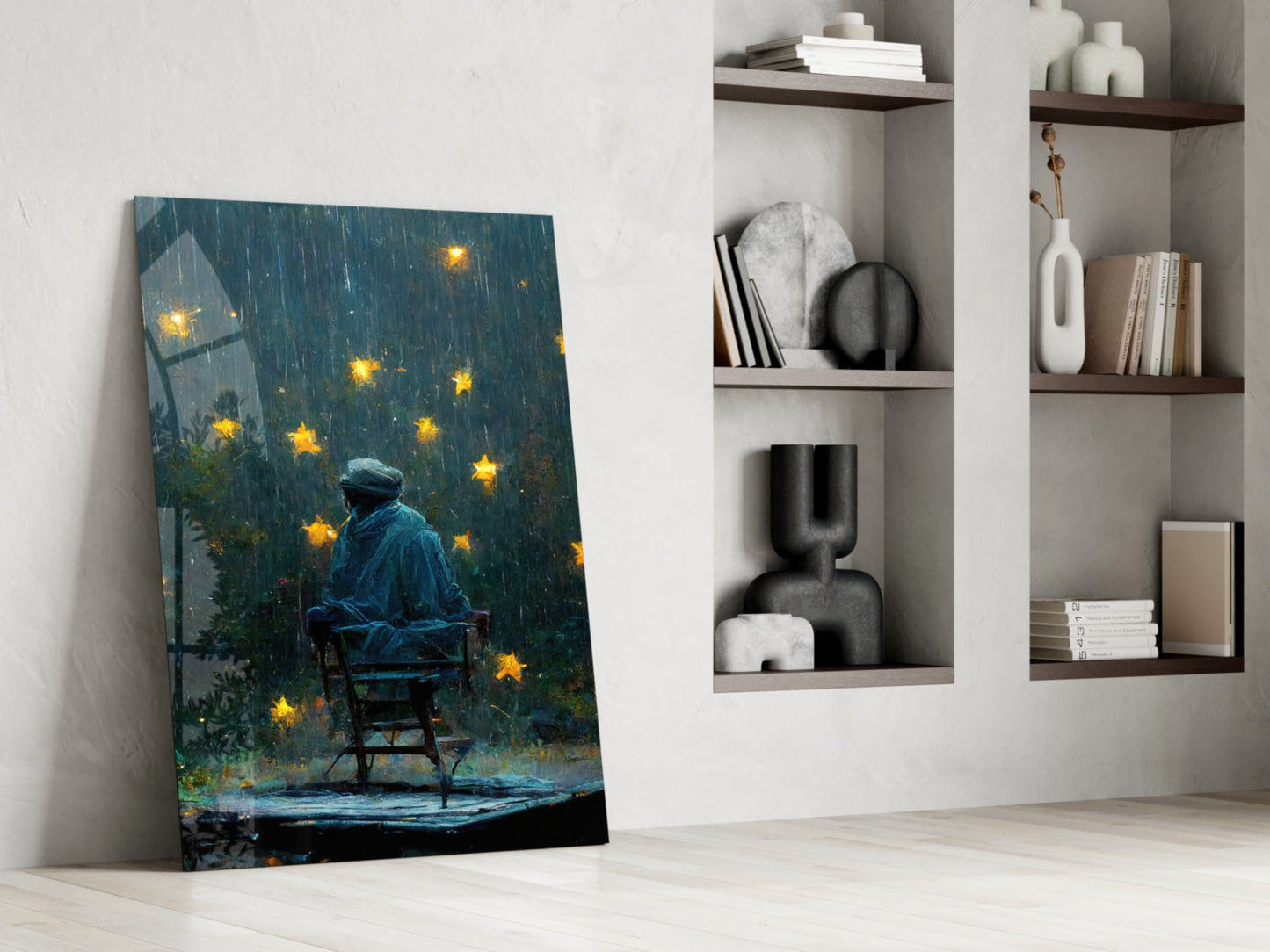 Rainy Night Glowing Stars Seated Man Glass Wall Art