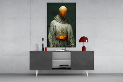 Headless Monk Glass Art displayed on dark gray media console beneath white wall, flanked by red lamp and decorative objects.