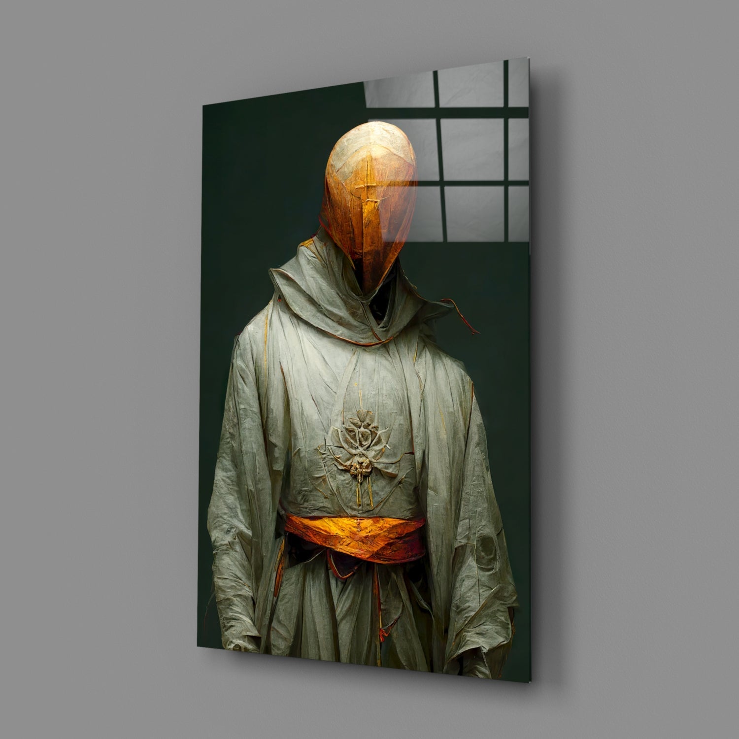 Glass art wall panel featuring robed figure with glowing amber head and lotus emblem on sage green background.