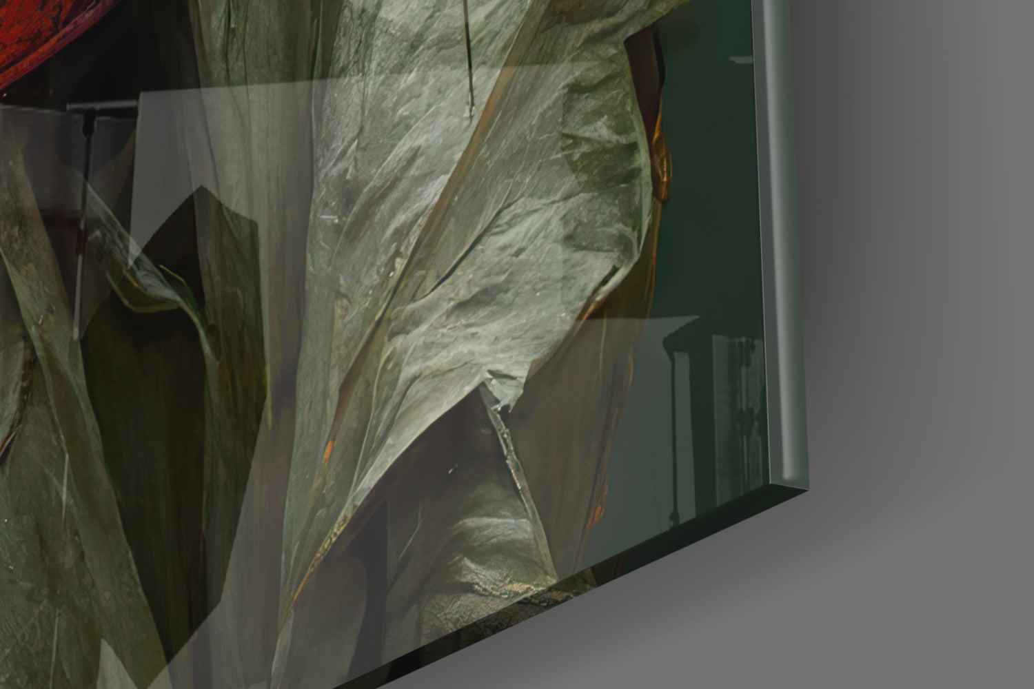 Close-up detail of textured glass surface showing layered gray and white brushstrokes with gold accents on the Headless Monk glass art piece.