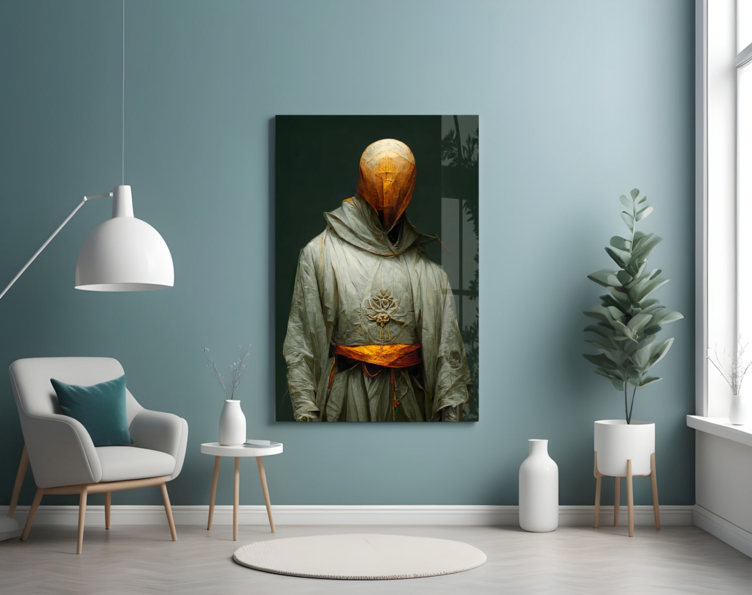 Headless Monk glass art displayed on teal wall above white chair, showing golden spherical head and cream robe with orange sash.