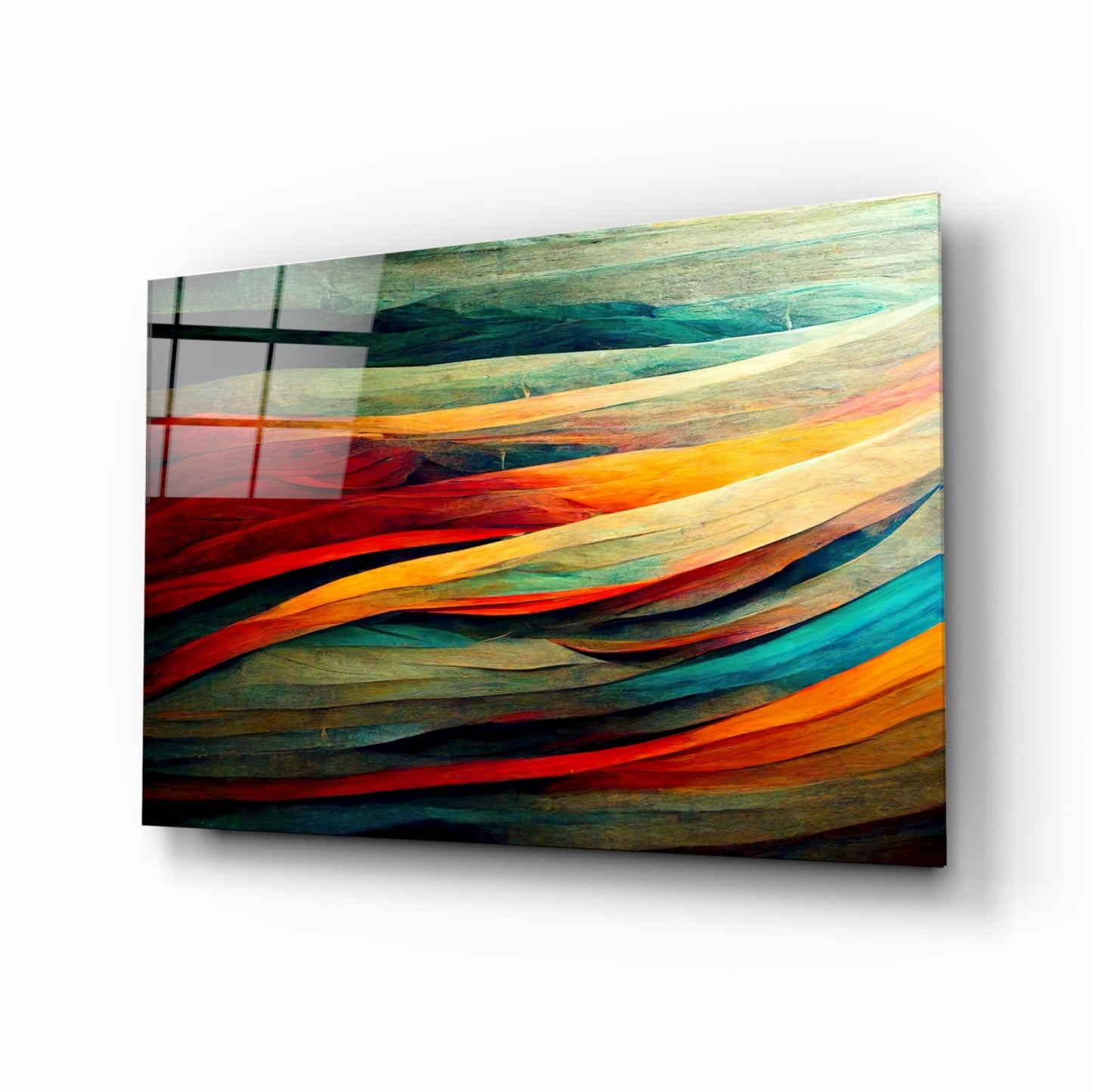 Angled perspective view of The Flow Glass Art showing stacked wooden boat hulls in vibrant teal, red, orange, and natural wood tones.