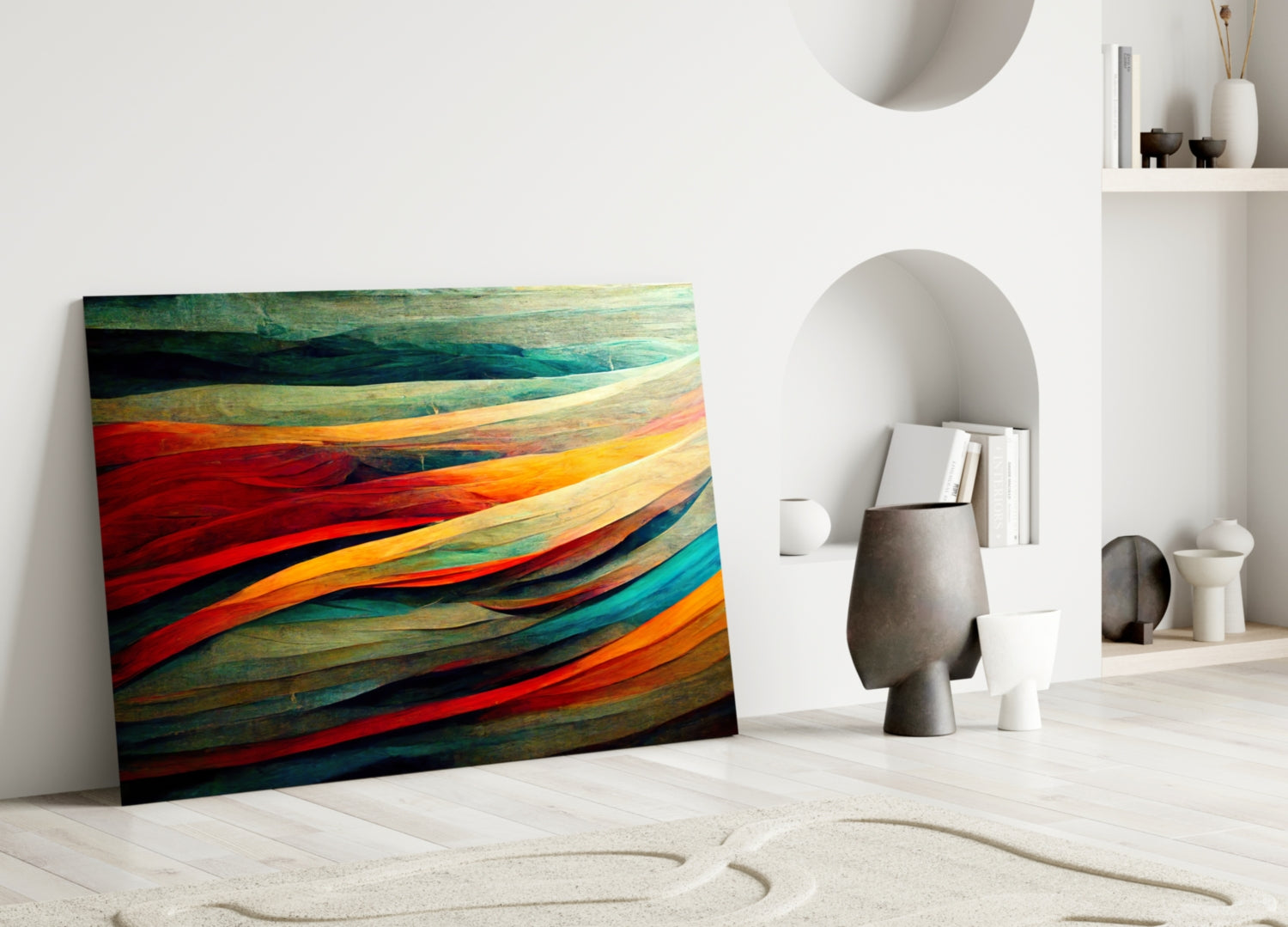 Colorful glass art panel with layered red, orange, teal, and natural wood tones leaning against white wall in minimalist interior.