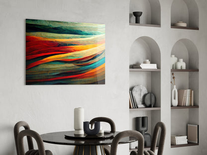 Colorful glass art with flowing red, orange, teal, and green striped patterns hanging above a modern dining table in a minimalist interior.