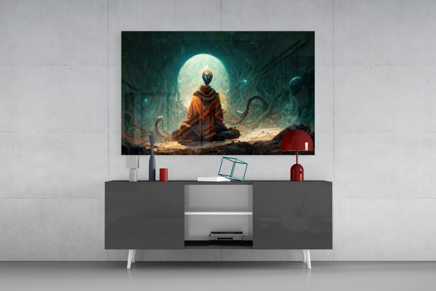 Orange Robed Monk Under Teal Moon Glass Wall Art